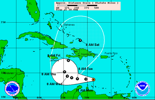 The path of Tropical Storm Tomas takes it over Haiti