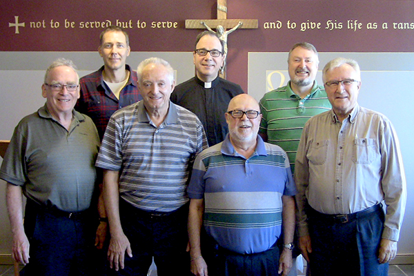 The CCMS’ committee on restructuring, left to right: Gary Gilmore, Rev. Dr. Harold Ristau (advisory), Herb Doering, President Robert Bugbee, Rev. Dennis Putzman, Rev. Paul Schallhorn, and Rev. William Ney. Missing are Deacon Jennifer Frim and Marilyn Schulz.
