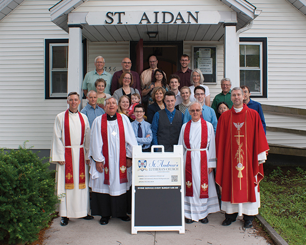 Members of St. Andrew’s gathered on July 26 for the Installation of Rev. Mark Smith as the East District’s Circuit Rider for Atlantic Canada. In front from left to right are: Chaplain David Jackson, East District President Paul Zabel, Rev. Dr. John Stephenson, and Rev. Mark Smith.