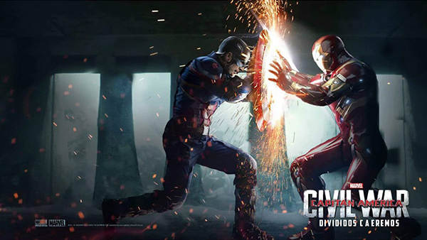 Captain America and Iron Man fight.