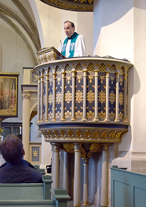 President Bugbee preaches in Wittenberg's old Town Church, frequently referred to as "the mother church" of the Reformation.