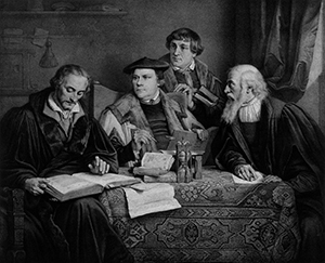 An artist's rendition of the Reformers translating the Bible. From left to right are Philip Melanchthon, Martin Luther, Johann Bugenhagen, and Kaspar Cruciger.