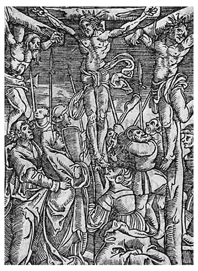 The crucifixion of Christ . Woodcut from the 1558 edition of Luther’s Small Catechism.
