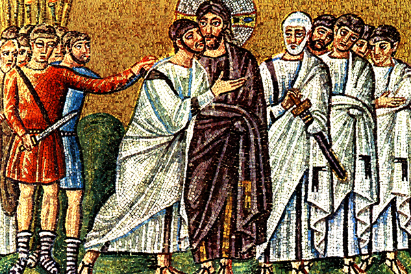 Judas betrays Jesus to the band of soldiers. Peter prepares to draw his sword. (Mosaic from The Basilica of Sant' Apollinare Nuovo in Ravena, Italy).